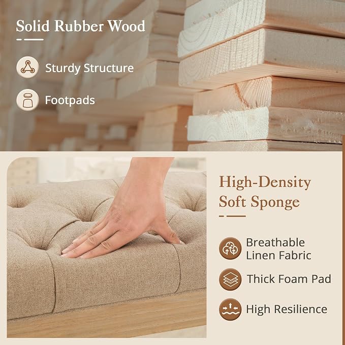 LUE BONA 60" Fabric End of Bed Bench, Upholstered Tufted French Bedroom Bench - Image 6