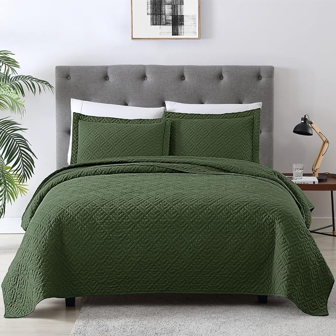 EXQ Home King Size Quilt Set Squares Pattern Bedding Set Olive Green | Soft by EXQHomeTexitleCoLtd