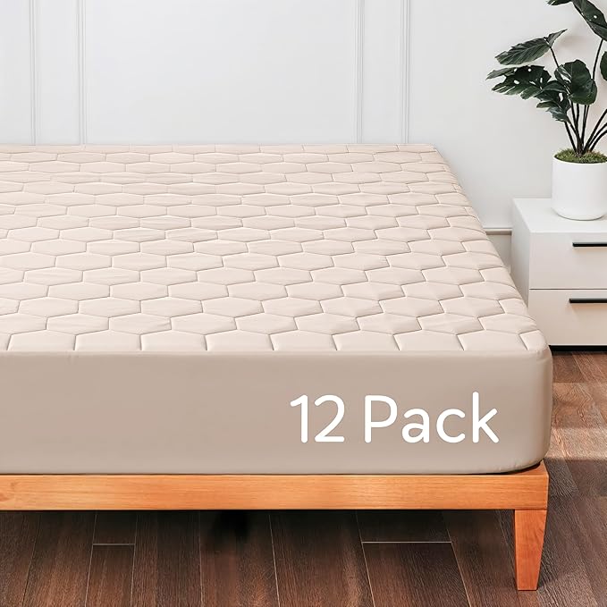 Hearth & Harbor 12 Pack Full Size Quilted Fitted Mattress Pad Cover, 100% Waterproof Mattress Protectors, Deep Pocket Fitted Mattress Cover 8" - 21" (54" x 75", Beige Cream)