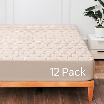 Hearth & Harbor 12 Pack Full Size Quilted Fitted Mattress Pad Cover, 100% Waterproof Mattress Protectors, Deep Pocket Fitted Mattress Cover 8" - 21" (54" x 75", Beige Cream)