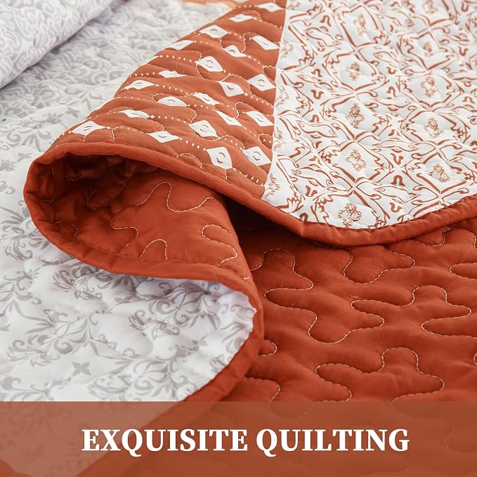 WONGS BEDDING Boho Quilt Set King Size, Stripe Bedspread Sets, Burnt Orange | - Image 7