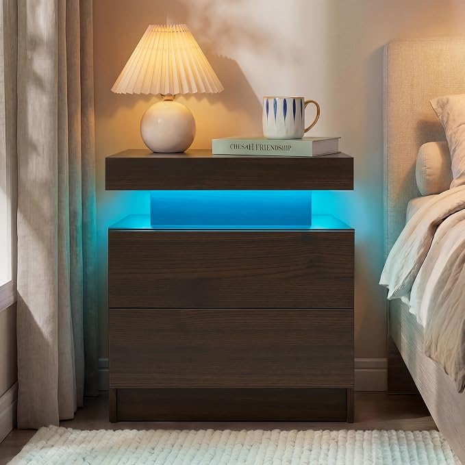 LED Nightstand with Wood 2 Drawers Modern Bedside Table - Image 5