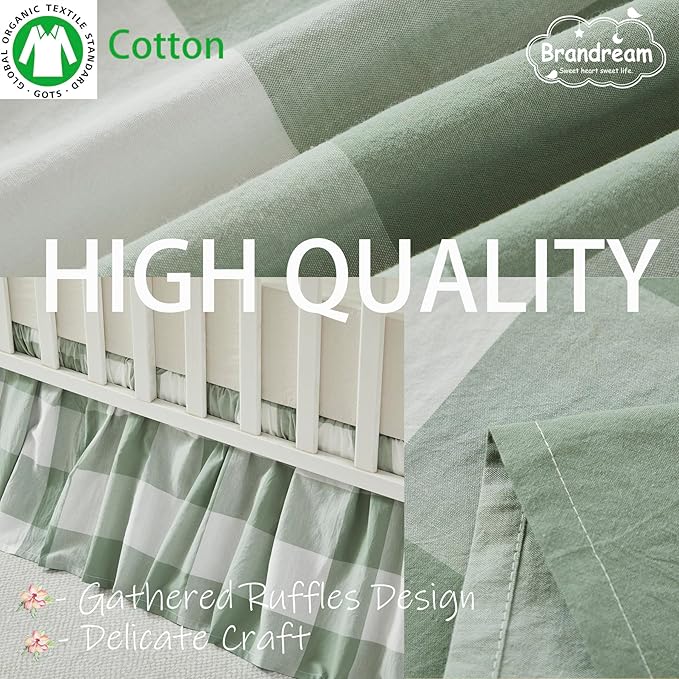 Brandream Gingham Gathered Crib Skirt, Baby Boy, Baby Girl, Gender Neutral Crib Skirt, 100% Cotton, 4-Sided, Green Buffalo Plaid Toddler Bedskirt Farmhouse Chic Nursery Crib Bed Skirt Dust Ruffle
