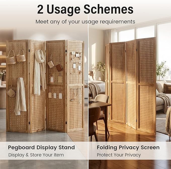 4 Panel Pegboard Room Divider, Folding Privacy Screen, Natural | 5.6 Ft Tall - Image 2