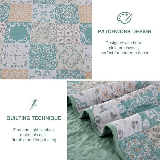 Dobuyly Patchwork Quilt Set Queen Size 3 Pieces Sage Green Yellow Boho Plaid - Image 6