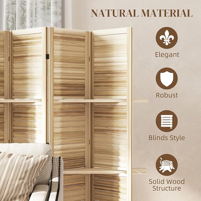 HOMCOM Room Divider with Shelves, 5 Panel, Natural Wood | Wood Privacy Screen - Image 5