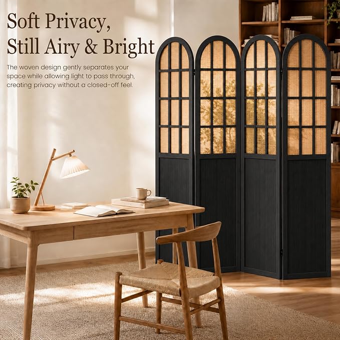 4 Panel Room Divider Privacy Screen Bamboo Wood Black | Folding Freestanding - Image 4