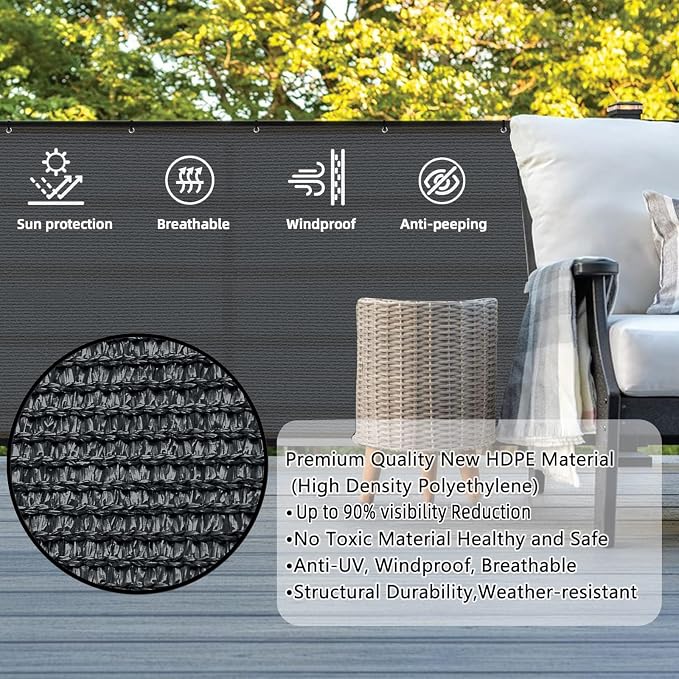 Custom Size 3'x22' Dark Grey Balcony Privacy Screen 90% UV Block | Windscreen - Image 2