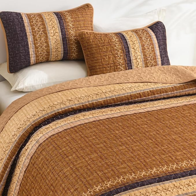 Cottolester Fall Quilt Set Queen, Burnt Orange Striped Patchwork Bedspread | - Image 8