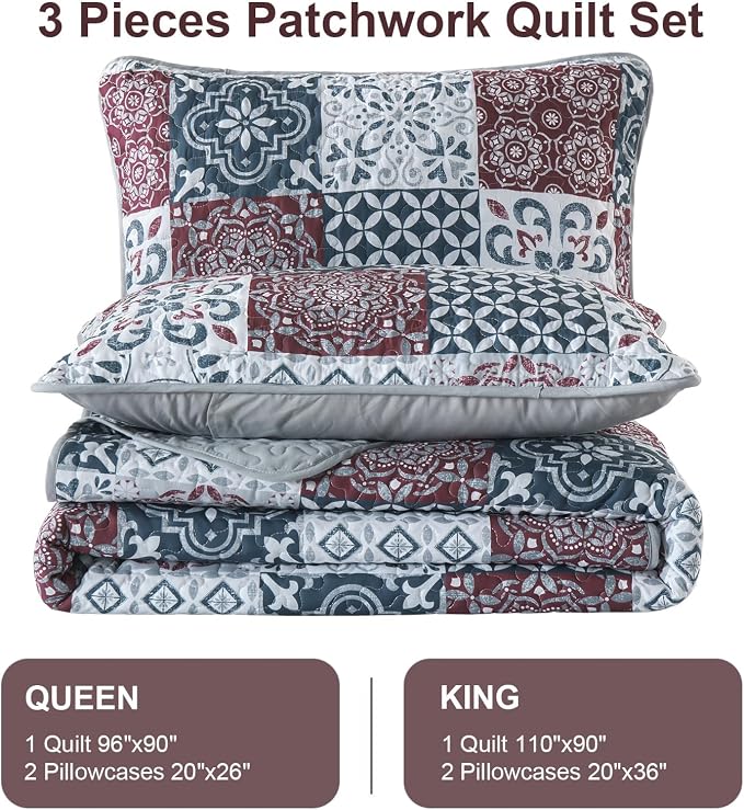 Dobuyly Patchwork Quilt Set Queen Size Boho Plaid Bedspread Red Grey Quilt - Image 9