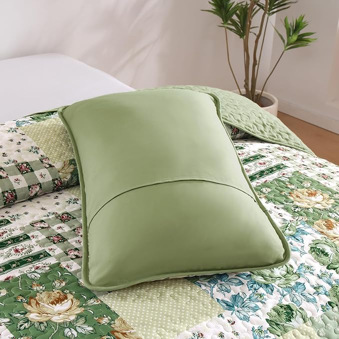 Patchwork Quilt Set Queen Size, Sage Green Floral Plaid Bedspread | 3 Pcs - Image 7