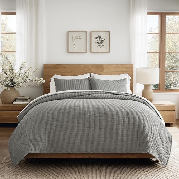 EVERGRACEHOME Cotton Gauze Matelassé Coverlet, King Size, Fog Gray | Ultra Soft by EVERGRACEHOME