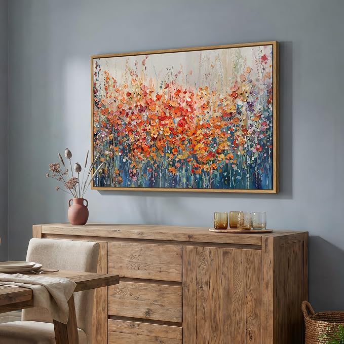 Framed Abstract Flower Wall Art, Colorful Botanical Floral Canvas Painting - Image 4