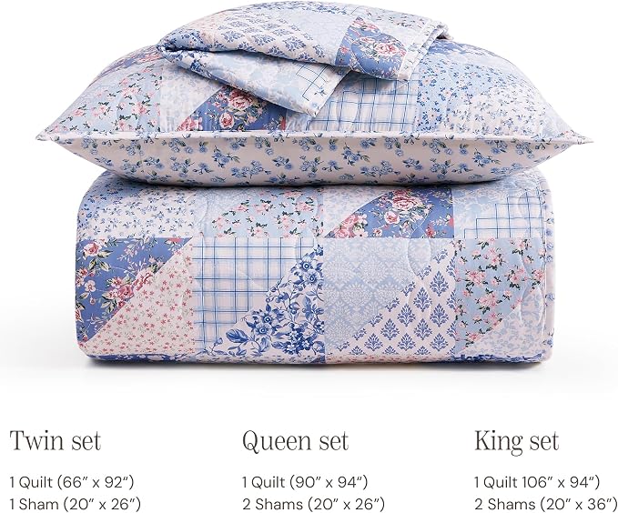 King Quilt Set-3 Pieces Soft Bedding Lightweight Floral Patchwork Coverlet | - Image 9