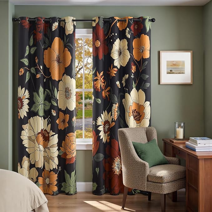 jinchan Black Boho Floral Blackout Curtains 96 Inch Grommet 2 Panels | Room - Image 2
