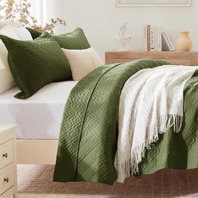 EXQ Home King Size Quilt Set Squares Pattern Bedding Set Forest Green | Soft - Image 2