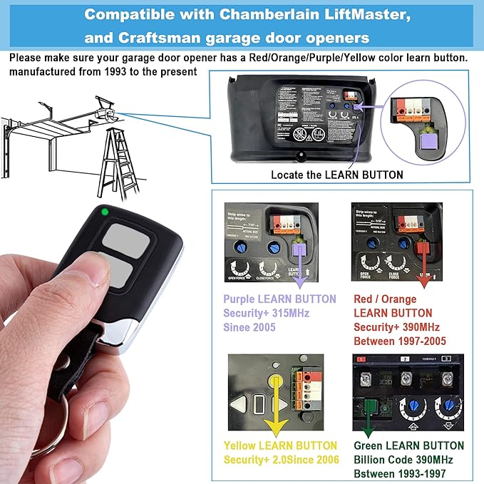 Garage Door Opener Keypad with 2 Garage Door Opener Remote for Liftmaster Chamberlain Craftsman Remote Keypad 877MAX 893LM 893Max 971LM 371LM, Purple Yellow Red Orange Learn Button