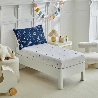DuShow Navy Blue Toddler Bedding Set for Boys,4 Pieces Space Crib Bed Sheets Set,Soft Toddler Comforter Set in a Bag, Includes Quilted Comforter, Flat Top Sheet, Fitted Sheet, Envelope Pillow Case