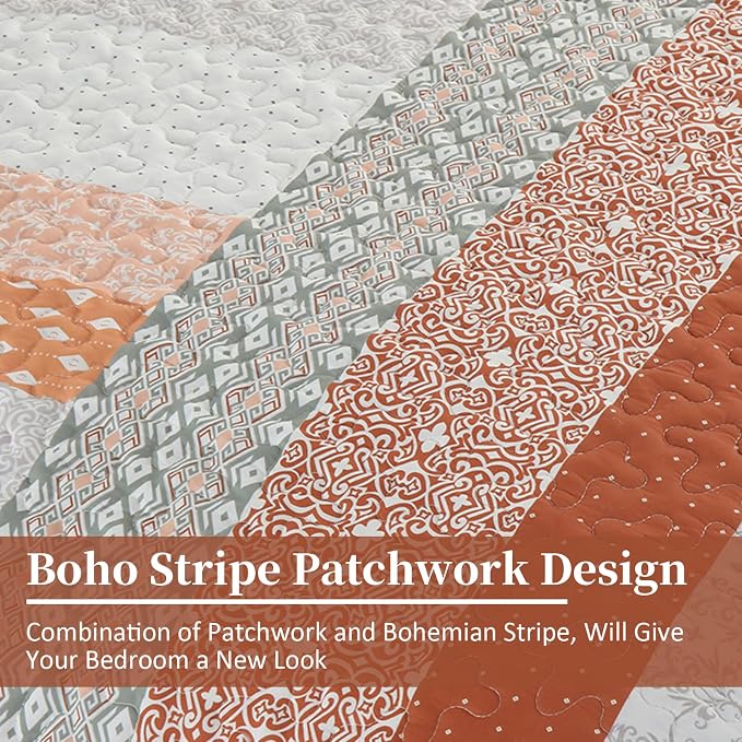 WONGS BEDDING Boho Quilt Set King Size, Stripe Bedspread Sets, Burnt Orange | - Image 6