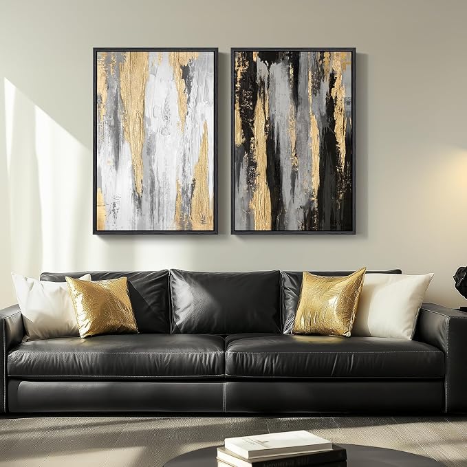Large Framed Elegant Black White Gold Wall Art - Image 9