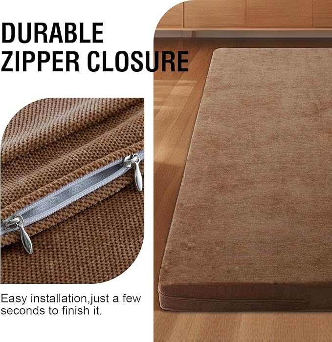 H.VERSAILTEX Twin Size Armless Futon Mattress Covers for Traditional Japanese Futon Mattress Soft Chenille Couch Slipcovers Floor Mats Sofa Protector Zippered Sleeper Sofa Cover,Caramel