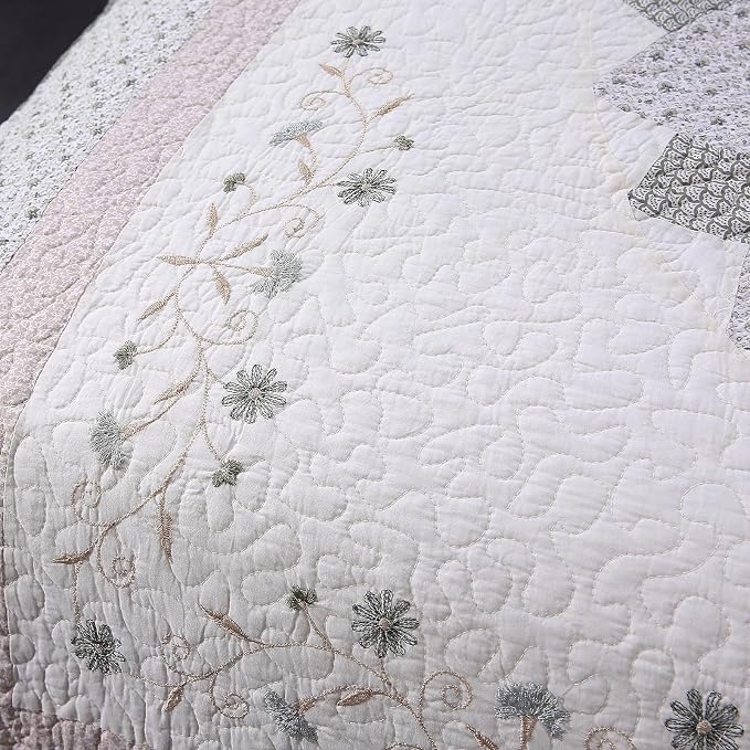 ROOMLIFE Quilt Set King Size 3D Floral Embroidery Pattern 3-Piece Cotton | - Image 4