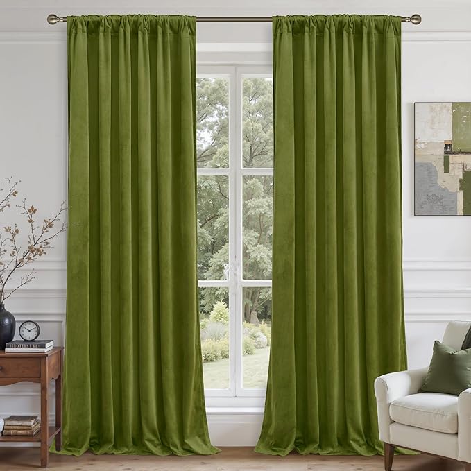 LAMIT Moss Green Velvet Curtains for Living Room 102 Inch Length, Vintage Thermal Insulated Room Darkening Drapes Super Soft Back Tab and Rod Pocket Panels for Bedroom, 2 Panels, 52 x 102 Inch