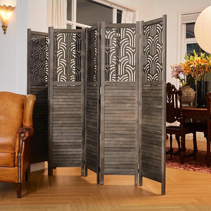 Svimi Folding Room Divider, 66.9 Inch 6 Panels Wood Carved Privacy Screens - Image 2