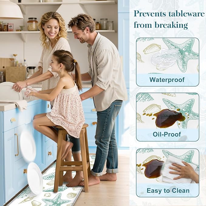 Kitchen Mats for Floor Cushioned Anti Fatigue Sets of 2 Beach Theme Kitchen Rugs Non Slip Waterproof Coastal Foam Kitchen Floor Rug Nautical Seashell Comfort Standing Mat For Sink Laundry, Green