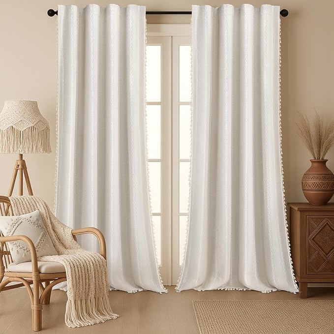 80% Boho Blackout Curtains 96 Inch Linen Blend Drapes 2 Panels | Vintage by Unknown