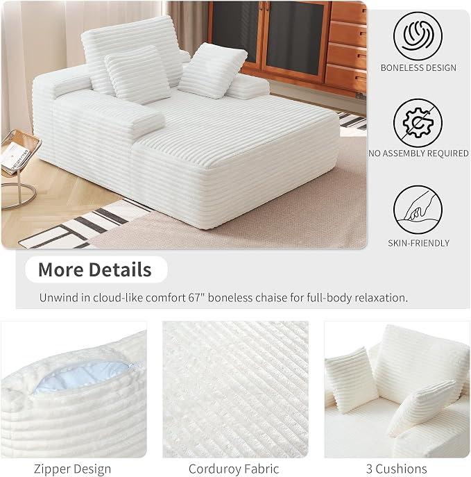 Oversized Chaise Lounge Chair Indoor, Plush Corduroy Boneless Sofa Bed - Image 3