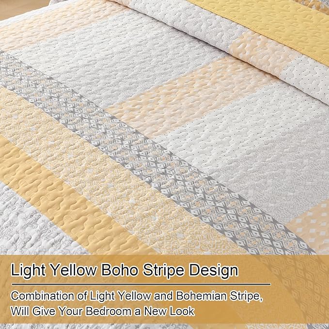 WONGS BEDDING Yellow King Size Quilt Set, Boho Striped Patchwork Bedspread | 3 - Image 5