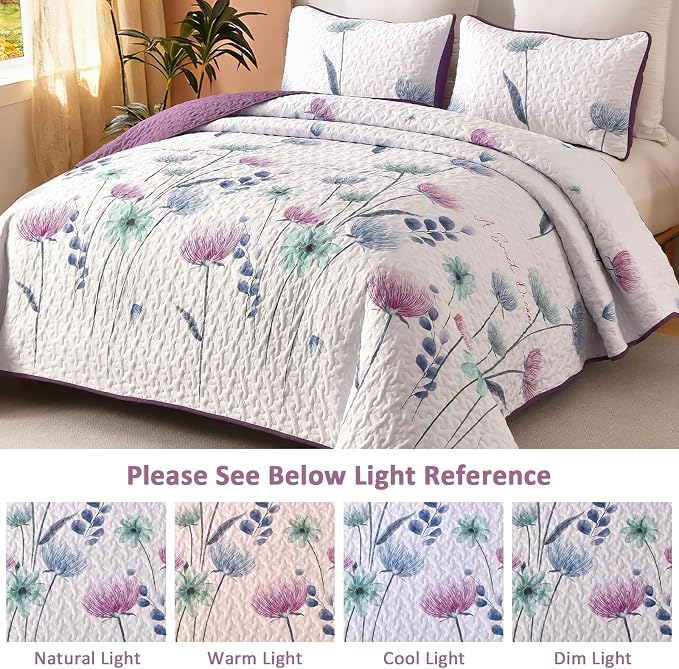 Dinjoy Purple Quilt Set King, Floral Printed Bedspread Coverlet Set | Purple - Image 3