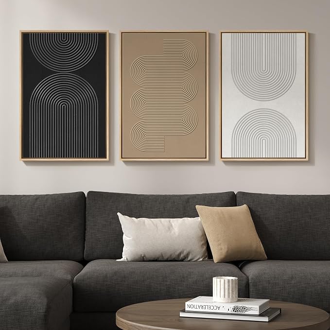 3D Textured Framed Neutral Abstract Geometric Wall Art Set of 3, 16 x 24 In | - Image 4