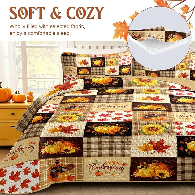 Fall Patchwork Quilt Set Queen, 3 Pieces Thanksgiving Bedding Set Brown | - Image 6