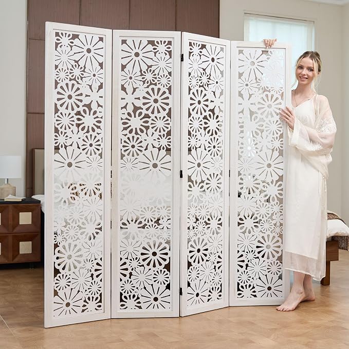 Folding Wood Room Divider Panel, 67 Inch Tall Daisy-Carved Privacy Screen - Image 8