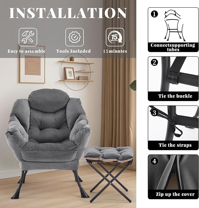 Lazy Chair with Ottoman, Comfy Reading Chair, Darkgrey | Cushioned Seat with - Image 8