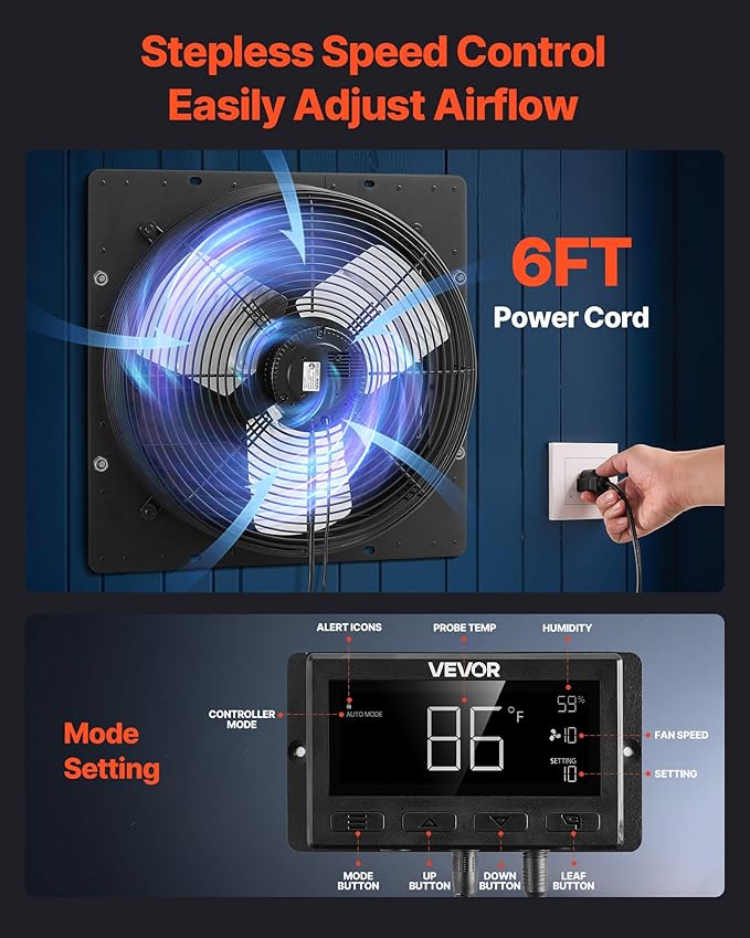 VEVOR 16 inch Shutter Exhaust Fan, Wall Mounted Attic Vent Fan with Smart Programming Variable Speed Temperature Control, 3000 CFM,EC Motor,Timer, for Shed,Garage,Greenhouse Ventilation Cooling,Black