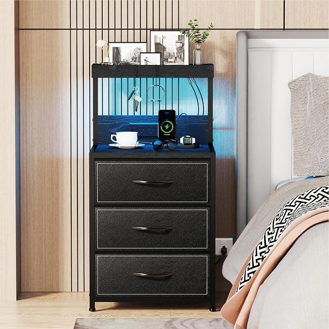 SZLHANJZ LED Nightstand Set of 2, 3 Fabric Drawers and Charging Station | Night - Image 2