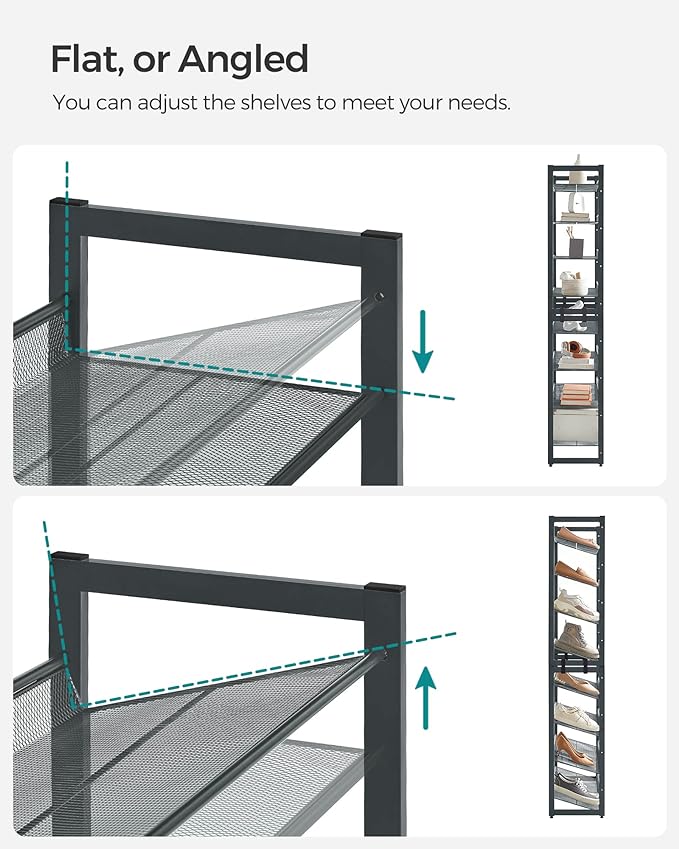 SONGMICS Shoe Rack, 8-Tier Shoe Organizer, Metal Rack for Garage, Set of 2, 4-Tier Stackable Shelf, with Adjustable Flat or Angled Shelves, 32-40 Pairs, Charcoal Gray ULMR08GB