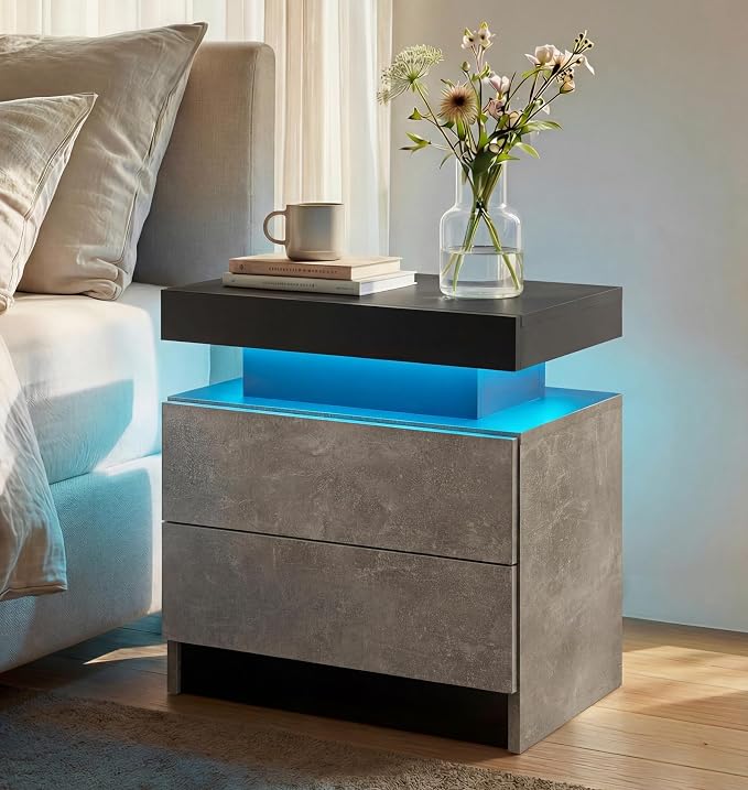 LED Nightstand with Wood 2 Drawers Modern Bedside Table by Unknown