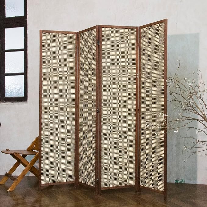 4 Panel Bamboo Room Divider, 5.6 ft Tall Double-Sided Folding Privacy Screen by PawlaBay