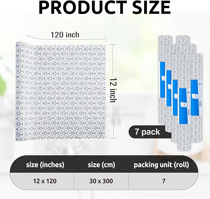 RAY STAR 12X120 Inch Shelf Liner for Kitchen Cabinets, Non-Adhesive Cabinet Liner Washable, PVC Drawer Liner for Dresser Non-Slip Bathroom (Black Floral)(7 Roll)