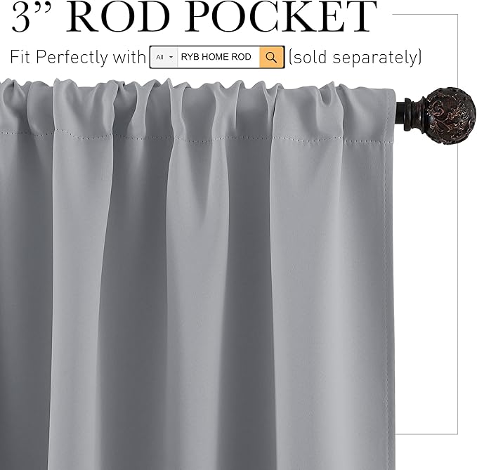 RYB HOME Half Curtain Tiers 36 inch Length, Rod Pocket | Short Blackout Curtains - Image 2