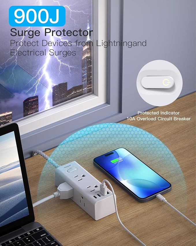 Flat Plug Extension Cord 6 Ft, One Beat 6 Feet Surge Protector Power Strip - Image 5