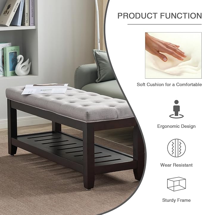 LOULENS 44'' Linen Storage Bench, Upholstered End of Bed Bench, Light Grey | - Image 4