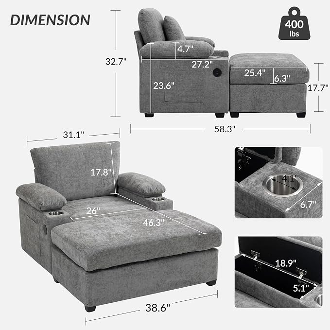58'' Chaise Lounge Chair Indoor, Cloud Arm Chair - Image 2