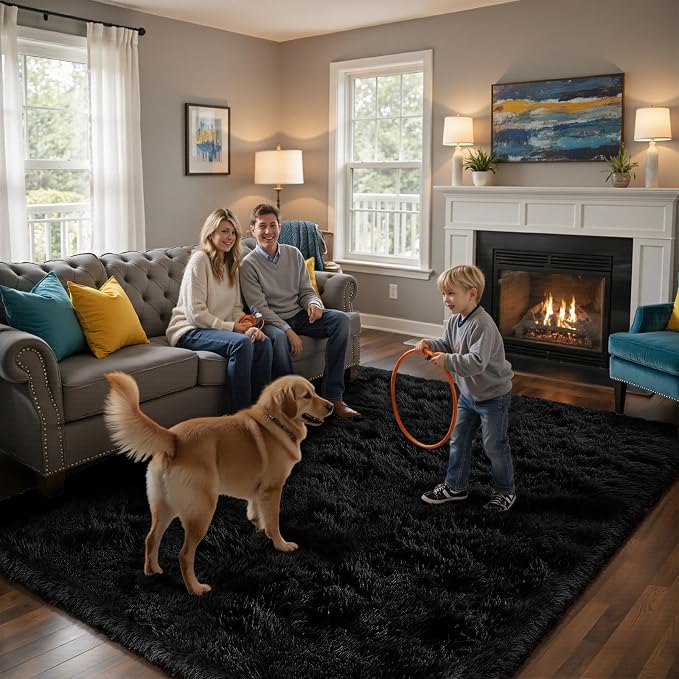 Black 8x10 Area Rugs for Living Room, Fluffy Shag Rug Large Bedroom Carpet | - Image 5
