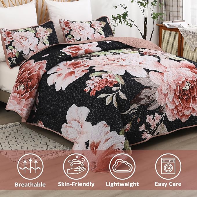WONGS BEDDING Black Quilt Queen Size, Lightweight Botanical Coverlet Set - Image 3