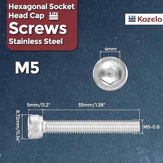 Kozelo 20pcs Socket Head Cap Screws - [M5-0.8 x 35mm] 304 Stainless Steel Allen Socket Drive for Electrical Motor 3D Printing Fan Engine Replacement Use, Silver